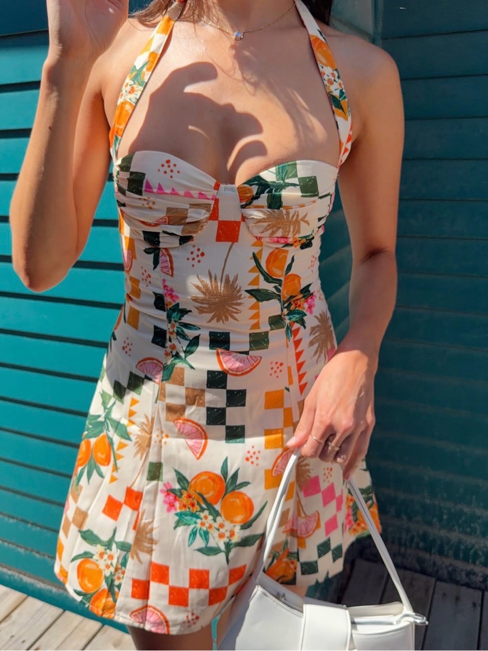 Floral Citrus Halter Mini Dress in Cream